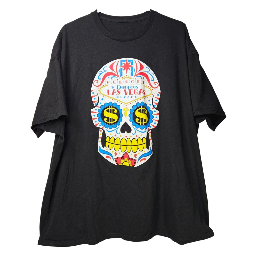 Mens Black Las Vegas Sugar‎ Skull Graphic T-Shirt Tee 2X Streetwear Grunge Money